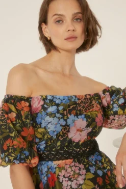 New Oasis Petite Floral Bardot Organza Midi Dress Black