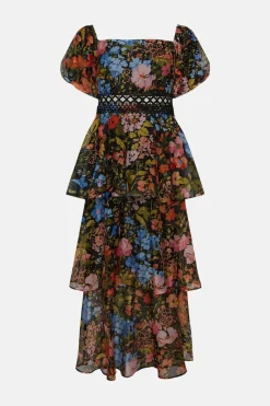 New Oasis Petite Floral Bardot Organza Midi Dress Black