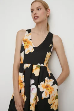 Sale Oasis Petite Floral Cross Back Scuba Midi Dress Black
