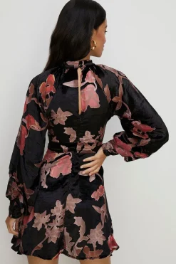 Best Oasis Petite Floral Devore High Neck Skater Dress Black