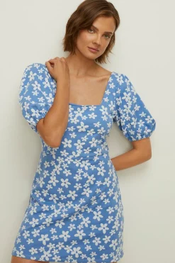 Discount Oasis Petite Floral Jacquard Tie Back Mini Dress Blue