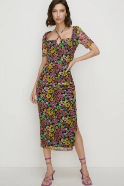 Outlet Oasis Petite Floral Keyhole Front Mesh Midi Dress Multi