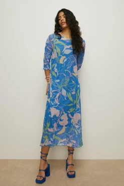 Hot Oasis Petite Floral Mesh Midi Dress Blue
