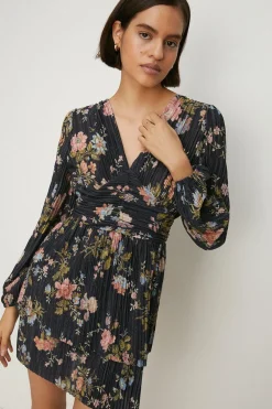 Clearance Oasis Petite Floral Metallic Plisse Tiered Mini Dress Multi