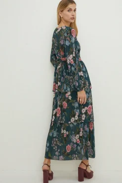 Discount Oasis Petite Floral Metallic Plisse Tiered Midi Dress Green