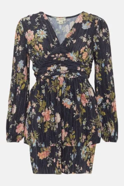 Clearance Oasis Petite Floral Metallic Plisse Tiered Mini Dress Multi