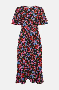Best Oasis Petite Floral Printed Frill Detail Belted Midi Dress Multi
