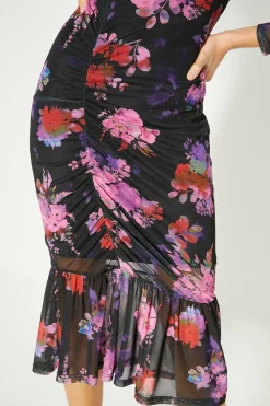 New Oasis Petite Floral Printed Gauged Front Midi Dress Multi