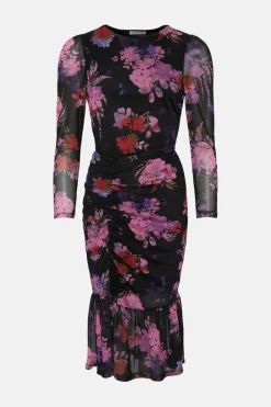New Oasis Petite Floral Printed Gauged Front Midi Dress Multi