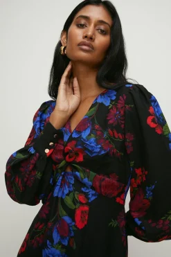 Online Oasis Petite Floral Printed Twist Front Crepe Midi Dress Black