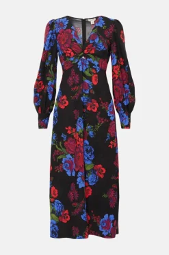 Online Oasis Petite Floral Printed Twist Front Crepe Midi Dress Black