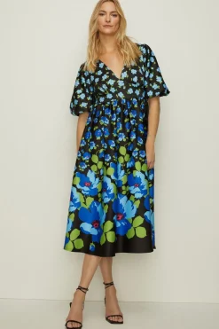 Hot Oasis Petite Floral Puff Sleeve Scuba Midi Dress Black
