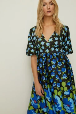Hot Oasis Petite Floral Puff Sleeve Scuba Midi Dress Black