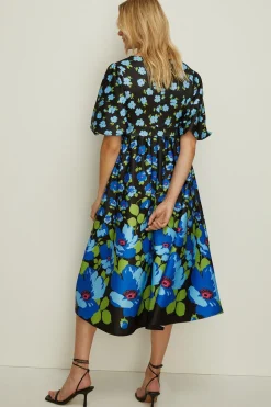 Hot Oasis Petite Floral Puff Sleeve Scuba Midi Dress Black