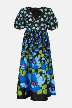 Hot Oasis Petite Floral Puff Sleeve Scuba Midi Dress Black
