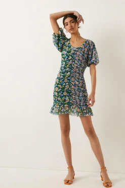 New Oasis Petite Floral Ruched Front Mini Mesh Dress Multi