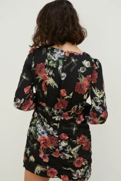 Best Oasis Petite Floral Ruched Mini Dress Black