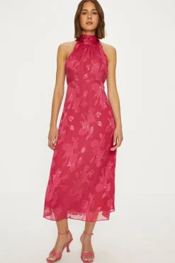 Best Oasis Petite Floral Satin Burnout Halter Midi Dress Magenta Pink
