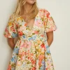 New Oasis Petite Floral Scuba Puff Sleeve Skater Dress Cream