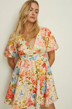 New Oasis Petite Floral Scuba Puff Sleeve Skater Dress Cream
