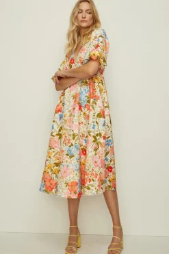 Clearance Oasis Petite Floral Scuba Puff Sleeve Midi Dress Ivory