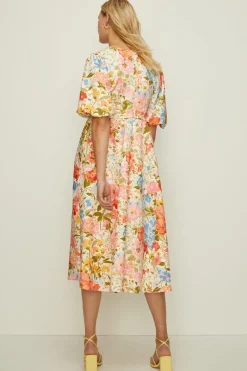 Clearance Oasis Petite Floral Scuba Puff Sleeve Midi Dress Ivory