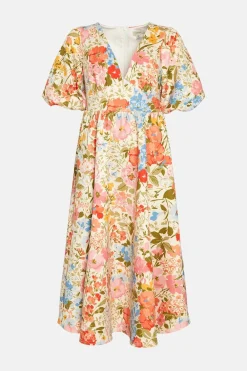 Clearance Oasis Petite Floral Scuba Puff Sleeve Midi Dress Ivory
