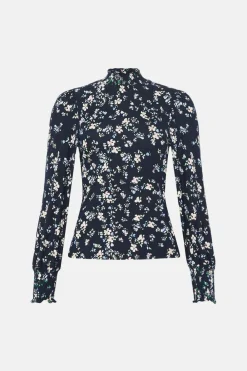 Clearance Oasis Petite Floral Soft Touch Shirred Cuff And Neck Top Multi