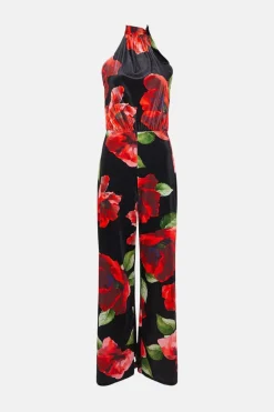 Online Oasis Petite Floral Velvet High Neck Halter Jumpsuit Black