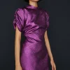New Oasis Petite Foil Jacquard Puff Sleeve Bow Back Dress Purple
