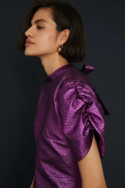 New Oasis Petite Foil Jacquard Puff Sleeve Bow Back Dress Purple