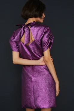New Oasis Petite Foil Jacquard Puff Sleeve Bow Back Dress Purple