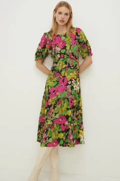 Sale Oasis Petite Frill Ruffle Colourful Floral Dress Multi