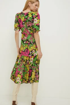 Sale Oasis Petite Frill Ruffle Colourful Floral Dress Multi