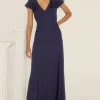 Online Oasis Petite Frill V Neck Satin Bias Midaxi Dress Navy