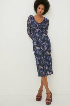 Discount Oasis Petite Glitter Floral Mesh Knot Front Midi Dress Multi