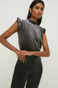 Online Oasis Petite Glitter Velvet Frill Sleeveless Top Grey