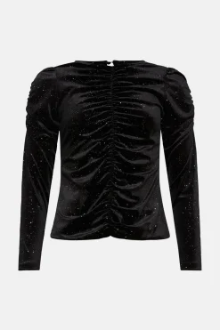 Online Oasis Petite Glitter Velvet Ruched Top Black