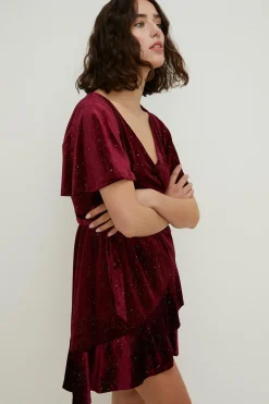 Sale Oasis Petite Glitter Velvet Wrap Mini Dress Teal