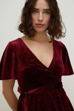 Sale Oasis Petite Glitter Velvet Wrap Mini Dress Teal