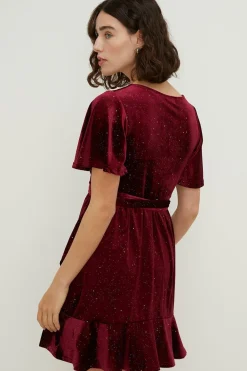 Sale Oasis Petite Glitter Velvet Wrap Mini Dress Teal