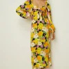 Clearance Oasis Petite Graphic Floral Tie Front Midi Dress Yellow