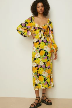 Clearance Oasis Petite Graphic Floral Tie Front Midi Dress Yellow