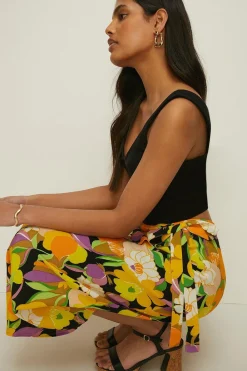 Discount Oasis Petite Graphic Floral Tie Wrap Midi Skirt Yellow