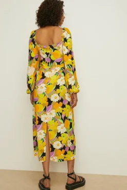 Clearance Oasis Petite Graphic Floral Tie Front Midi Dress Yellow