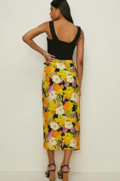 Discount Oasis Petite Graphic Floral Tie Wrap Midi Skirt Yellow