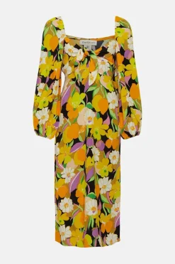 Clearance Oasis Petite Graphic Floral Tie Front Midi Dress Yellow