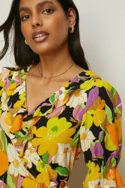 Clearance Oasis Petite Graphic Floral Wrap Skater Dress Yellow