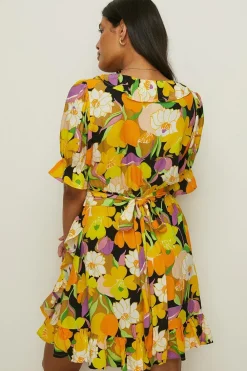 Clearance Oasis Petite Graphic Floral Wrap Skater Dress Yellow
