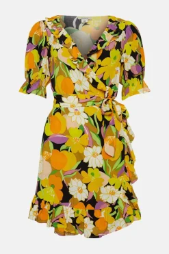 Clearance Oasis Petite Graphic Floral Wrap Skater Dress Yellow